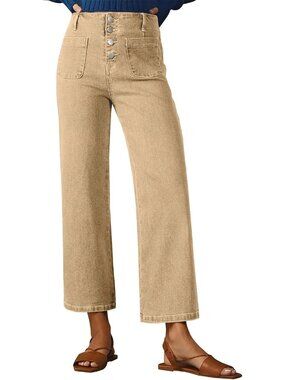 Women's Khaki High Waisted Jeans Stretchy Denim Pant Casual Wide Leg Jeans